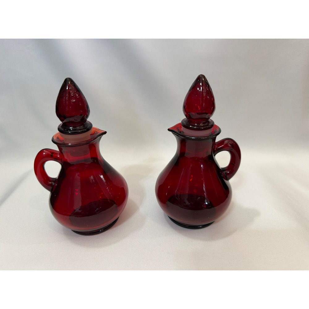Vintage Avon Ruby‎ Red Glass Cruet Set with Strawberry Stoppers Collectible 2pc